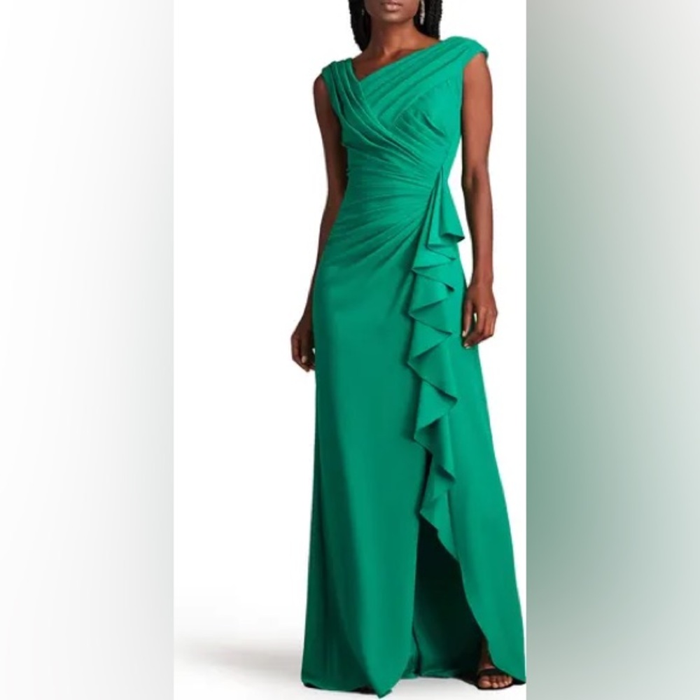 Tadashi Shoji Asymmetric Neck Side Ruffle Fit & Flare Gown